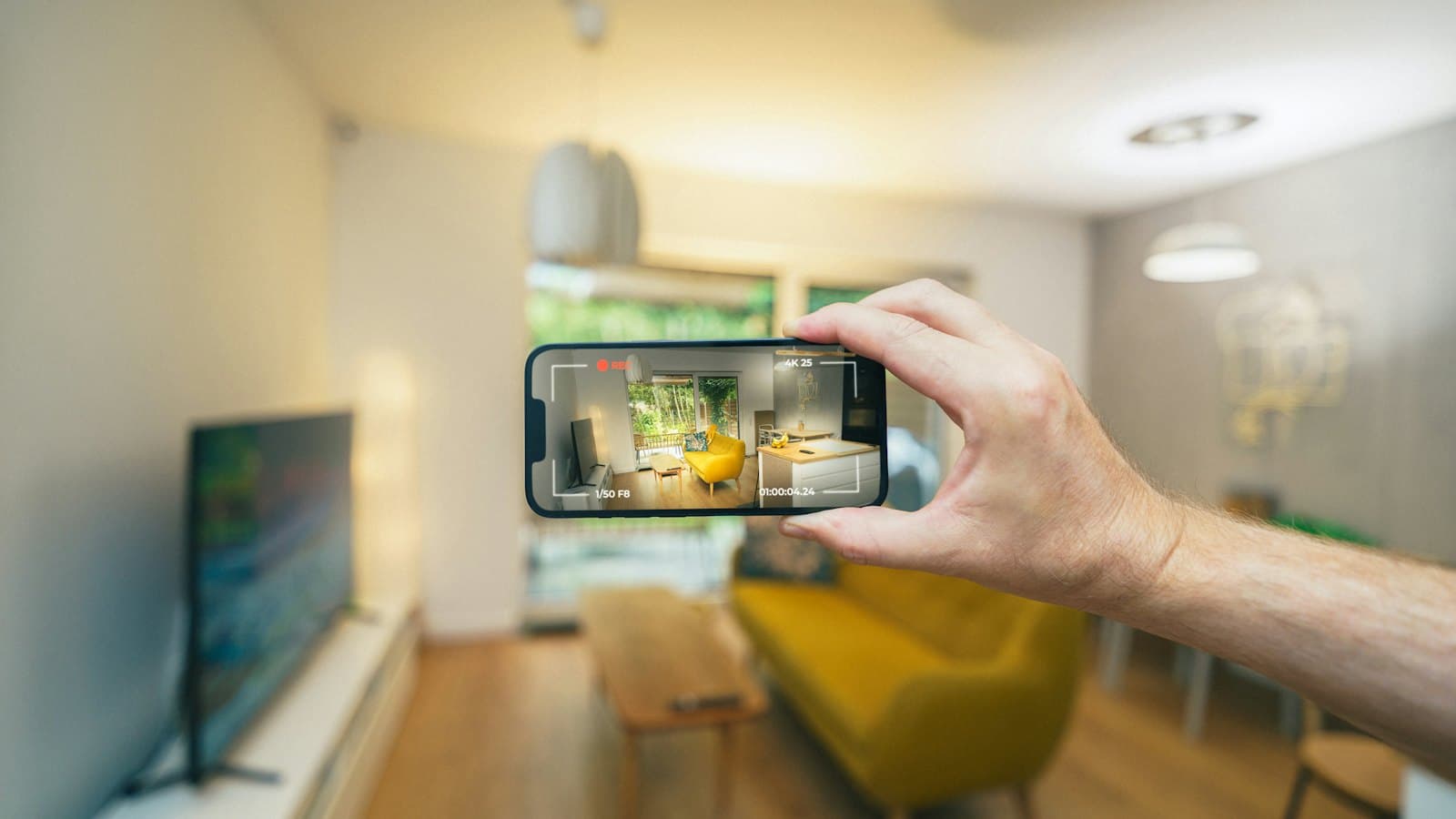 Dłoń trzymająca smartfon poziomo w jasnym salonie, w tle telewizor na szafce i żółta kanapa